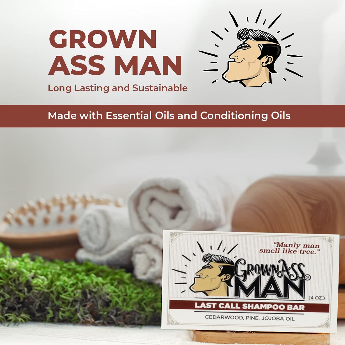 Grown Ass Man Co. Solid Shampoo Bar 3-in-1: Hair, Beard & Body Wash – Plastic Free & Eco-Friendly, 4oz