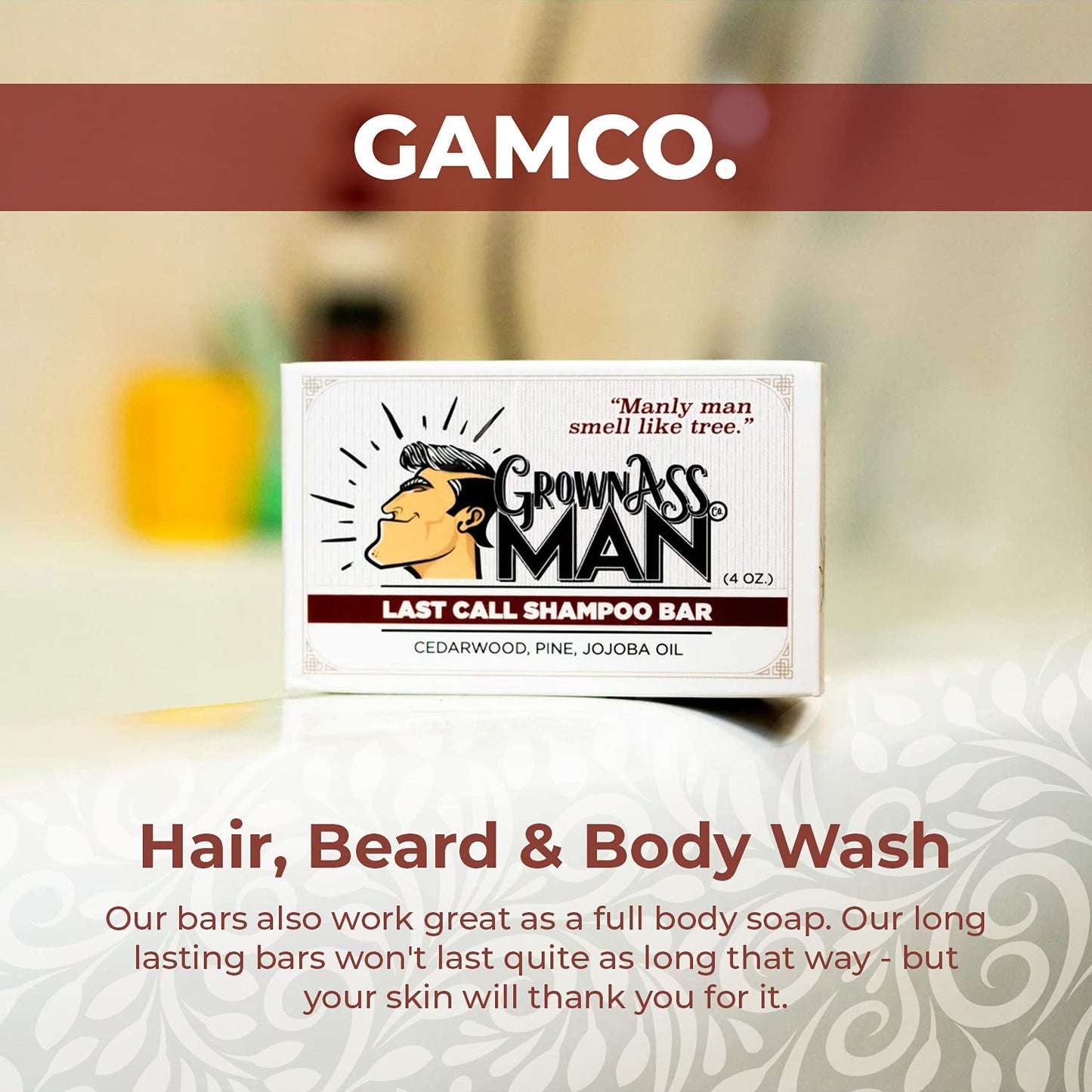 Grown Ass Man Co. Solid Shampoo Bar 3-in-1: Hair, Beard & Body Wash – Plastic Free & Eco-Friendly, 4oz