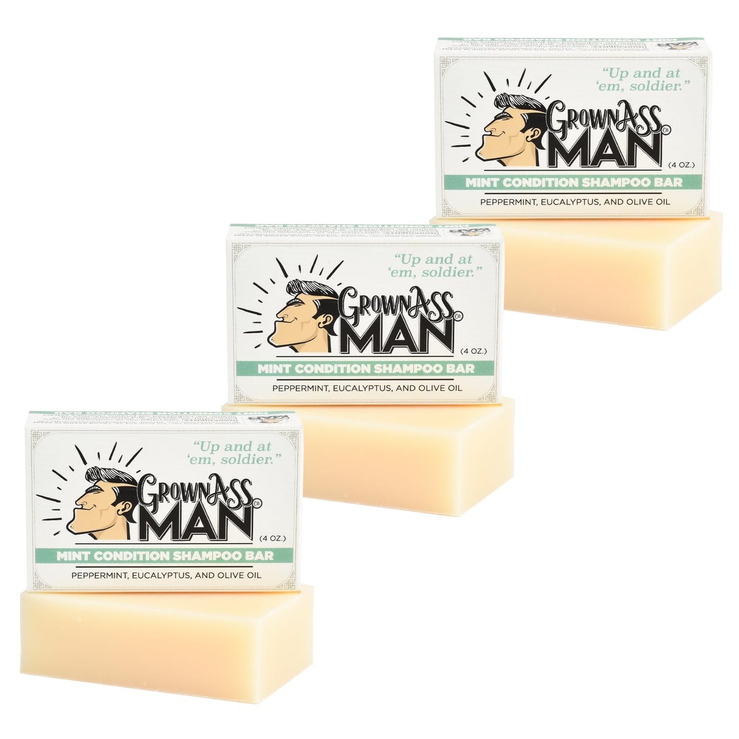 Grown Ass Man Co. Solid Shampoo Bar 3 in 1 | Hair, Beard & Body Wash • Mint Condition 4oz Bar (3-Pack) • Plastic-Free