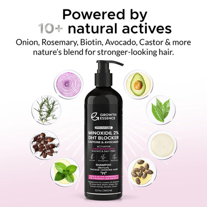 Growth Essence Minoxidil Shampoo for Women – 2% Regrowth Formula with Biotin, Caffeine & DHT Blockers