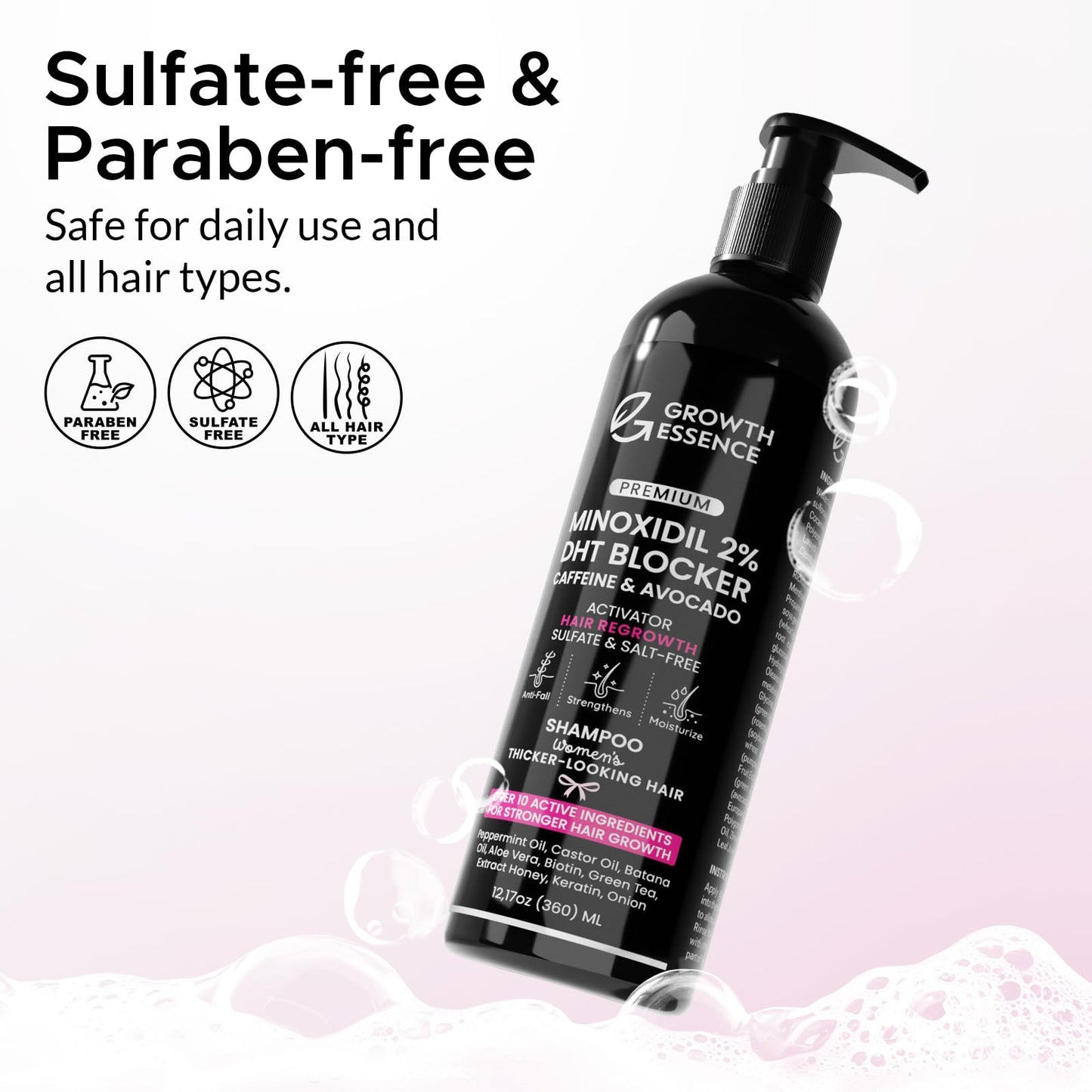 Growth Essence Minoxidil Shampoo for Women – 2% Regrowth Formula with Biotin, Caffeine & DHT Blockers
