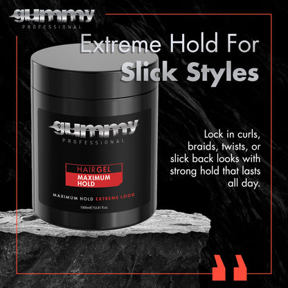 Gummy Professional Hair Gel 1000ml – Strong Hold for Slick Back, Curls, Braids