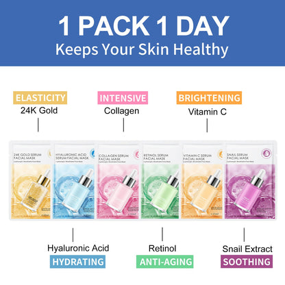 GUOYAOLIFU 24 Pack Serum Sheet Masks | Hydrating & Nourishing Facial Masks for All Skin Types