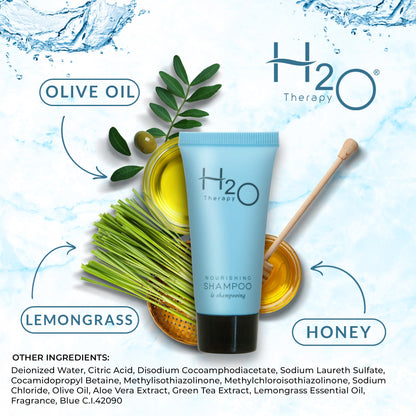 H2O Therapy Travel Size Hotel Shampoo — 20 x 0.85 oz Bottles, Paraben-Free, Green Tea, Aloe & Olive Oil