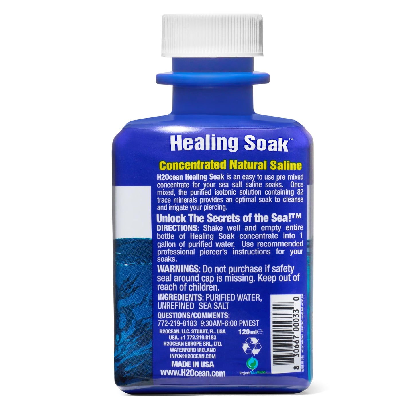 H2Ocean Healing Soak Piercing & Wound Sea Salt Bath - Sea Salt Saline Solution for Piercing & Wound Care - Soothing Aftercare for Body Piercings - 4 oz