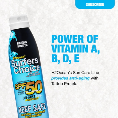 H2Ocean Surfers Choice SPF 50 Spray – Tattoo Aftercare & Quick-Dry UV Protection (6 oz)