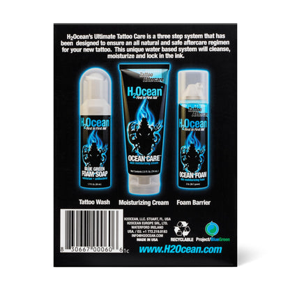 H2Ocean Ultimate Tattoo Aftercare Kit — 3-Step Water-Based Regimen (Soap, Cream, Foam)