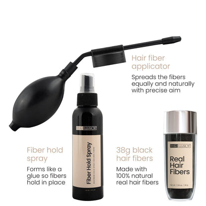 Hair Illusion Combo Kit – Hold Spray, 38g Fiber Bottle & Hairline Optimizer (Black)