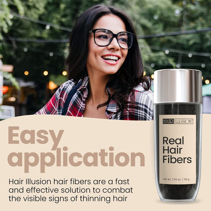 Hair Illusion Black Real Hair Fibers – 2-Pack (38g Each) for Thinning Hair – Natural, Non-Synthetic Coverage