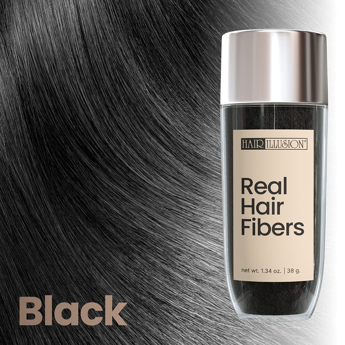 Hair Illusion Black Real Hair Fibers – 2-Pack (38g Each) for Thinning Hair – Natural, Non-Synthetic Coverage