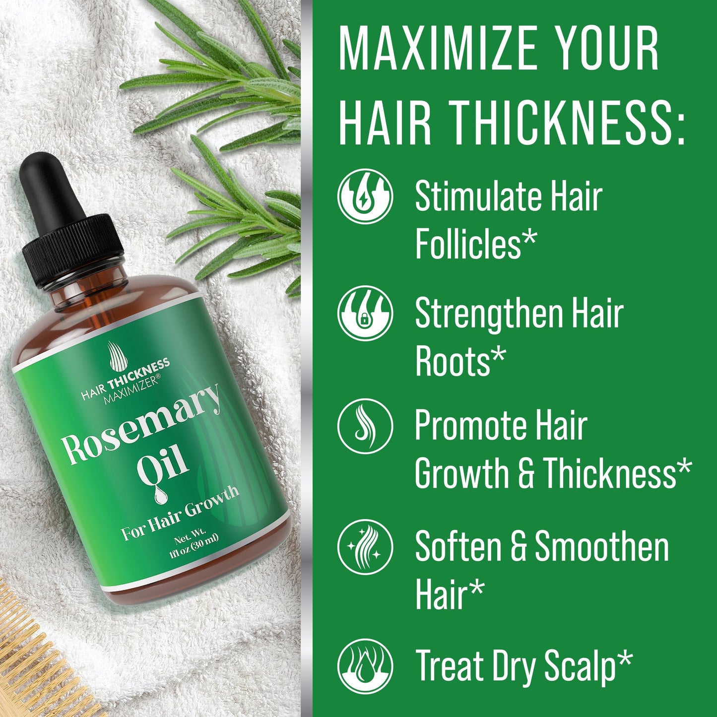 Hair Thickness Maximizer Rosemary Oil for Hair Growth — Vegan 1oz Serum for Women & Men