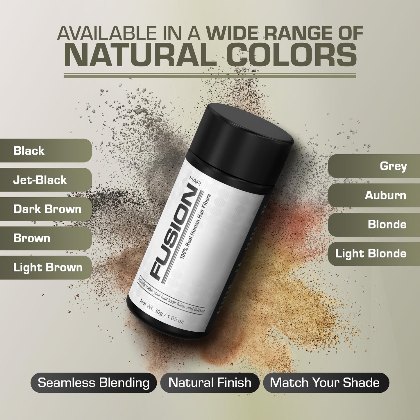 HAIRFUSION Hair Fibers for Thinning Hair - Real Human Hair, Jet Black, 0.42 oz, Root Touch Up & Volumizer