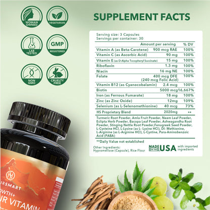 HairSmart H5 Grow+ Hair Vitamin Supplement – Biotin, Ayurvedic Herbs & 5 Nutrient Groups for Growth, Density & Strength (90 Count)