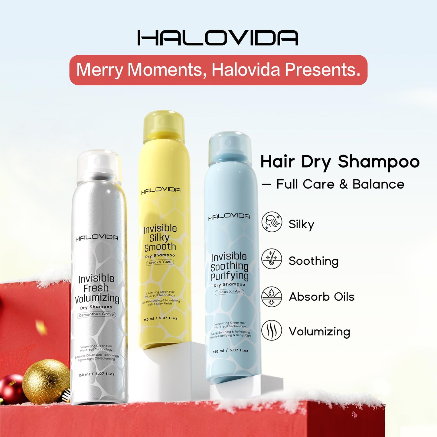 HALOVIDA Dry Shampoo Pack of 3 for Dark Hair — Invisible Residue, Oil Absorption, 72h Freshness