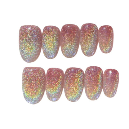 HANAKOKO Dream Dazzle Press-On Nails – Handmade 3D Glitter Cat Eye, Short/Medium Oval (10 Pcs)