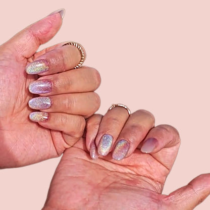 HANAKOKO Dream Dazzle Press-On Nails – Handmade 3D Glitter Cat Eye, Short/Medium Oval (10 Pcs)