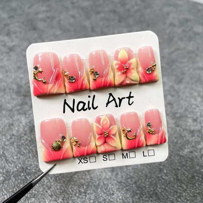 Handmade Nails Short Duck Press-On Nails with 3D Flower Art, Moon Shell Gradient Tip