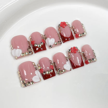 Handmade Red French Tip Press-On Nails – 3D Flower & Rhinestones, Short Square (M)