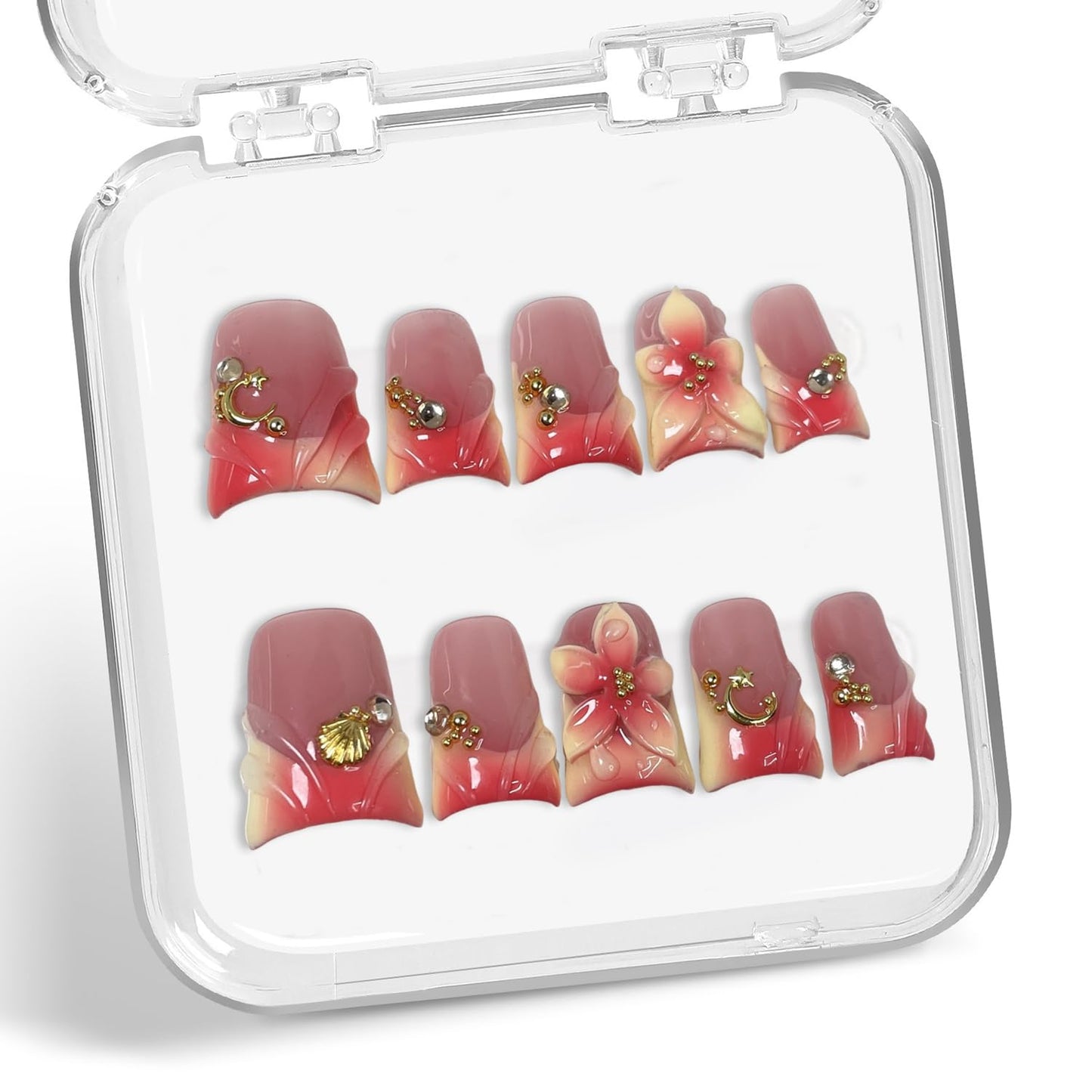 Handmade Nails Short Duck Press-On Nails with 3D Flower Art, Moon Shell Gradient Tip
