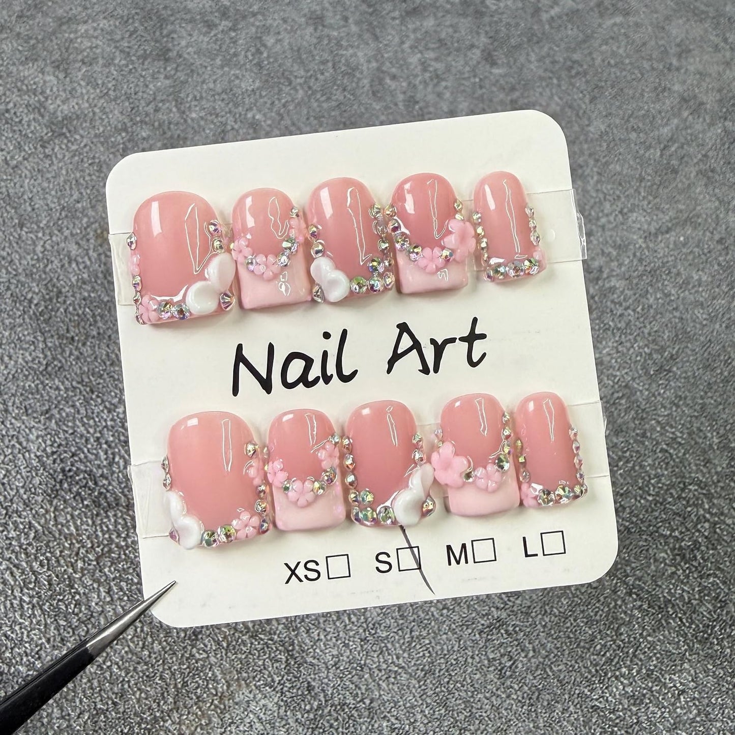 Handmade Press-On Nails – Short Square 3D Floral Pink French Tip with Rhinestones