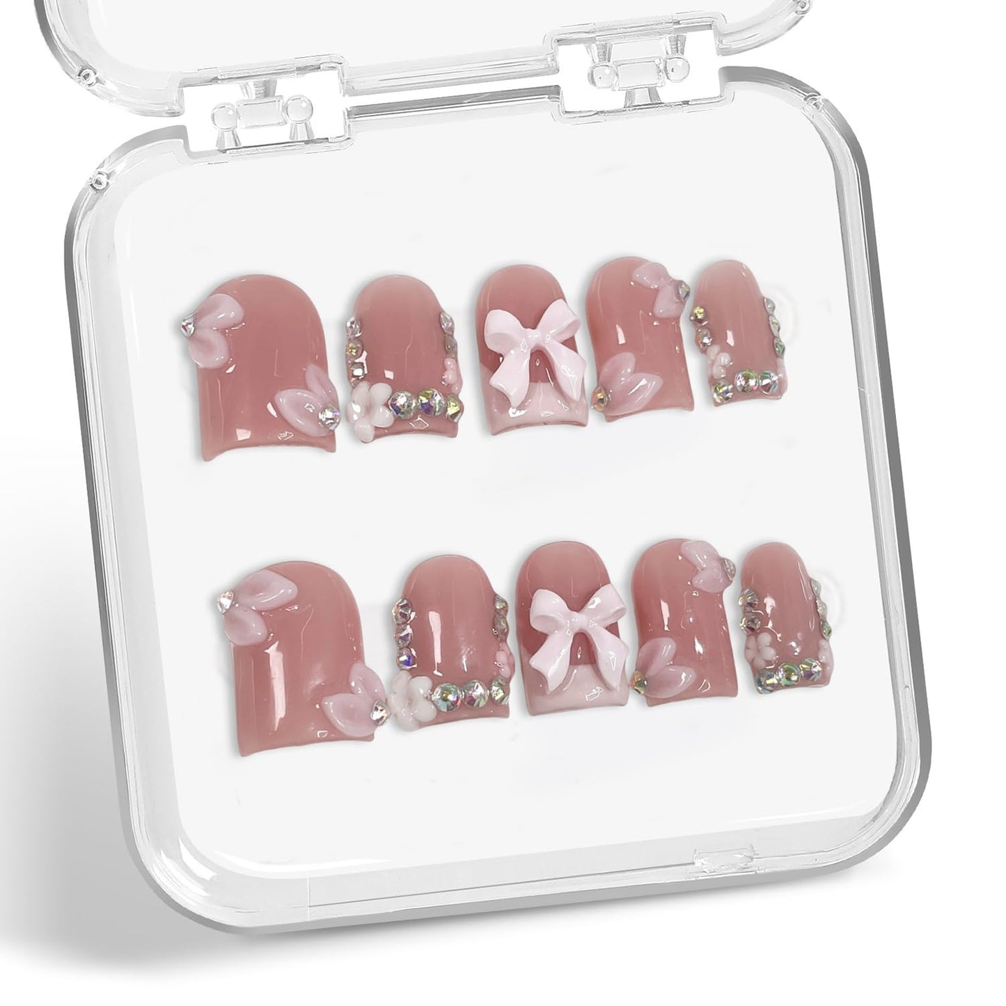 10 Pcs Handmade Press-On Nails — Short Square with 3D Bow & Rhinestones, Pink French Tip