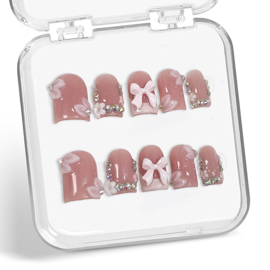 10 Pcs Handmade Press-On Nails — Short Square with 3D Bow & Rhinestones, Pink French Tip