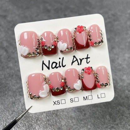 Handmade Press-On Nails - Red French Tip Short Square with 3D Flowers & Rhinestones