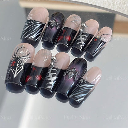 Handmade Spider Web & Spider Halloween Press-On Nails – Black French Tip, Long Square (10pcs)
