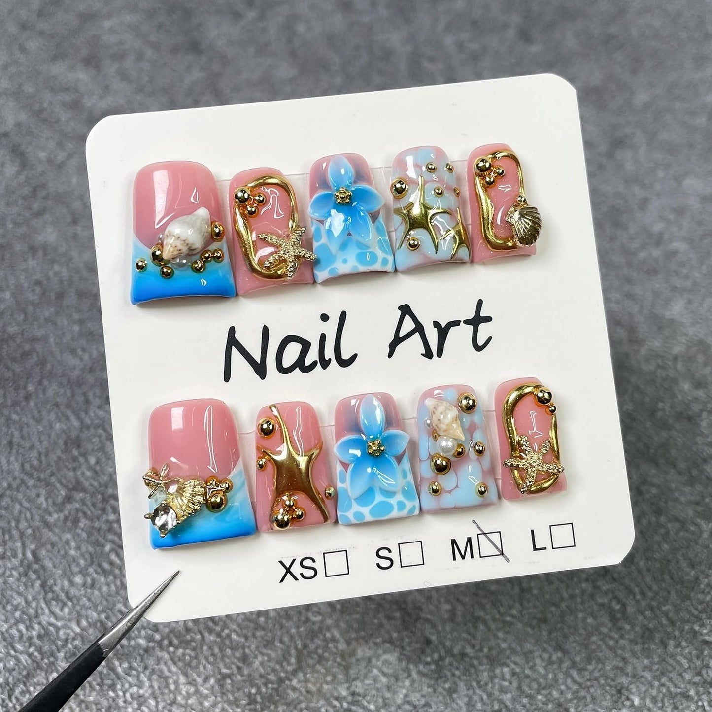Handmade Press-On Nails – 3D Golden Starfish & Shell, Blue Flower Embossed (S)