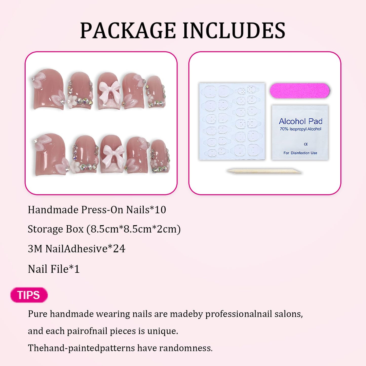 10 Pcs Handmade Press-On Nails — Short Square with 3D Bow & Rhinestones, Pink French Tip
