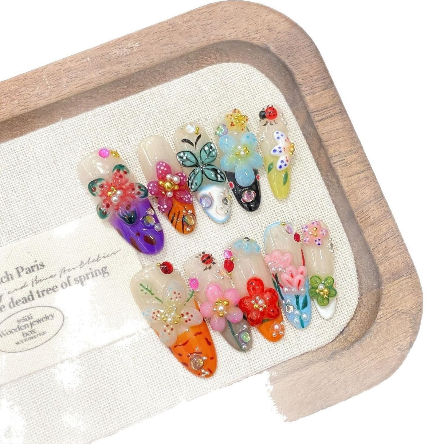Handmade Flower Press On Nails - Medium Almond with Rhinestones | Glossy Acrylic, Reusable