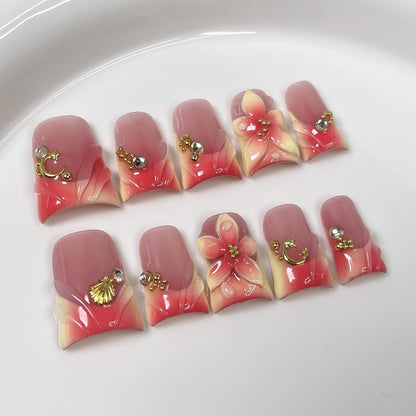 Handmade Press on Nails – Short Duck Nails with 3D Flower Art, Moon & Shell Design
