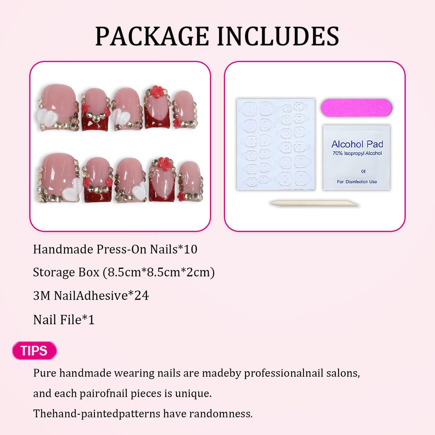 Handmade Press-On Nails - Red French Tip Short Square with 3D Flowers & Rhinestones