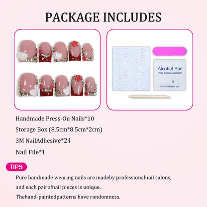 Handmade Press-On Nails - Red French Tip Short Square with 3D Flowers & Rhinestones