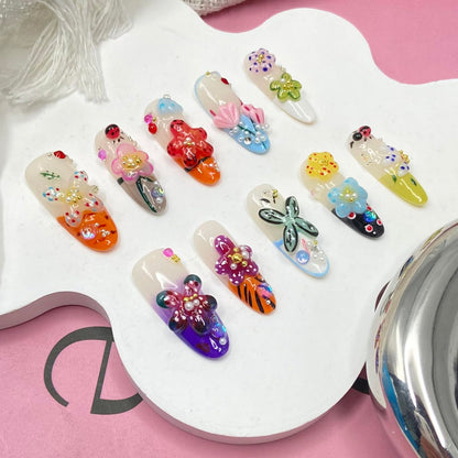 Handmade Flower Press On Nails - Medium Almond with Rhinestones | Glossy Acrylic, Reusable