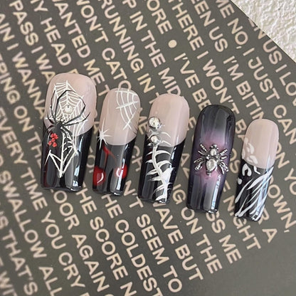 Handmade Spider Web & Spider Halloween Press-On Nails – Black French Tip, Long Square (10pcs)