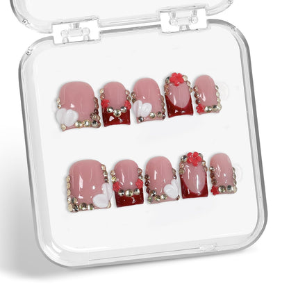 Handmade Press-On Nails - Red French Tip Short Square with 3D Flowers & Rhinestones