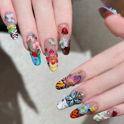 Handmade Flower Press On Nails - Medium Almond with Rhinestones | Glossy Acrylic, Reusable