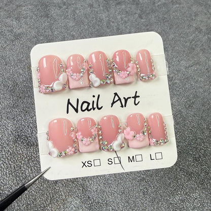 Handmade Press-On Nails | Short Square 3D Floral Pink French Tip with Rhinestones (10pcs)