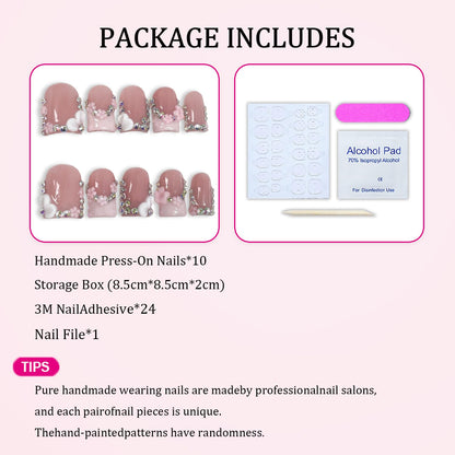 Handmade Press-On Nails | Short Square 3D Floral Pink French Tip with Rhinestones (10pcs)