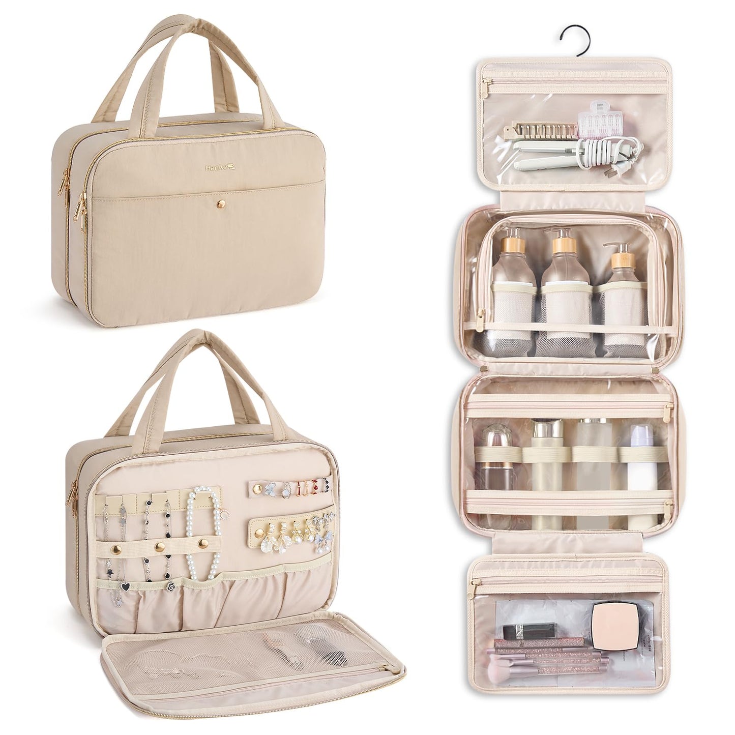Hanke Hanging Travel Toiletry Bag (Apricot) with Jewelry Organizer – Water-Resistant