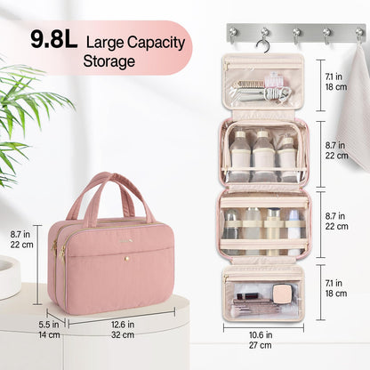 Hanke Hanging Travel Toiletry Bag for Women with Jewelry Organizer – 9.8L, Water-Resistant, Pink