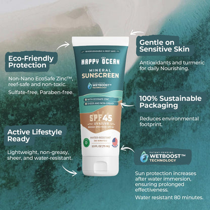 Happy Ocean SPF 45 Biodegradable Reef Safe Sunscreen – Face & Body, Non-Nano Zinc Oxide, Fragrance-Free, Travel Size 2.5 oz