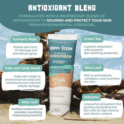 Happy Ocean SPF 45 Biodegradable Reef Safe Sunscreen – Face & Body, Non-Nano Zinc Oxide, Fragrance-Free, Travel Size 2.5 oz