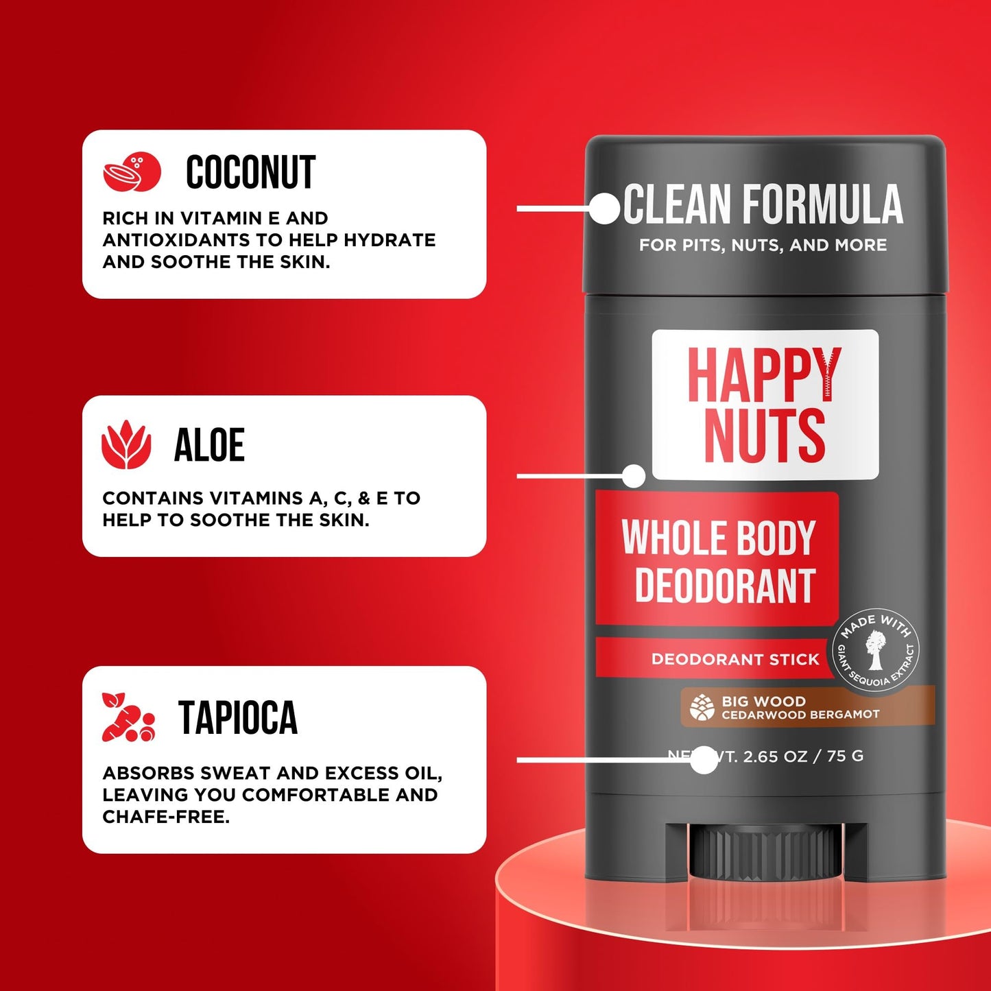 Happy Nuts Whole Body Deodorant for Men – All-Day Odor Protection, Big Wood Scent