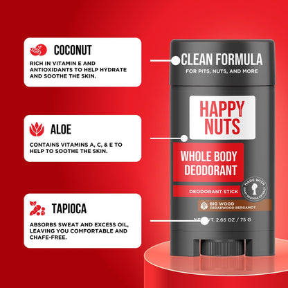 Happy Nuts Whole Body Deodorant for Men – All-Day Odor Protection, Big Wood Scent