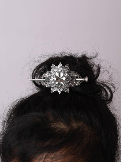 HAQUIL Mandala Flower Hairpin – Vintage Silver Hair Barrette for Women