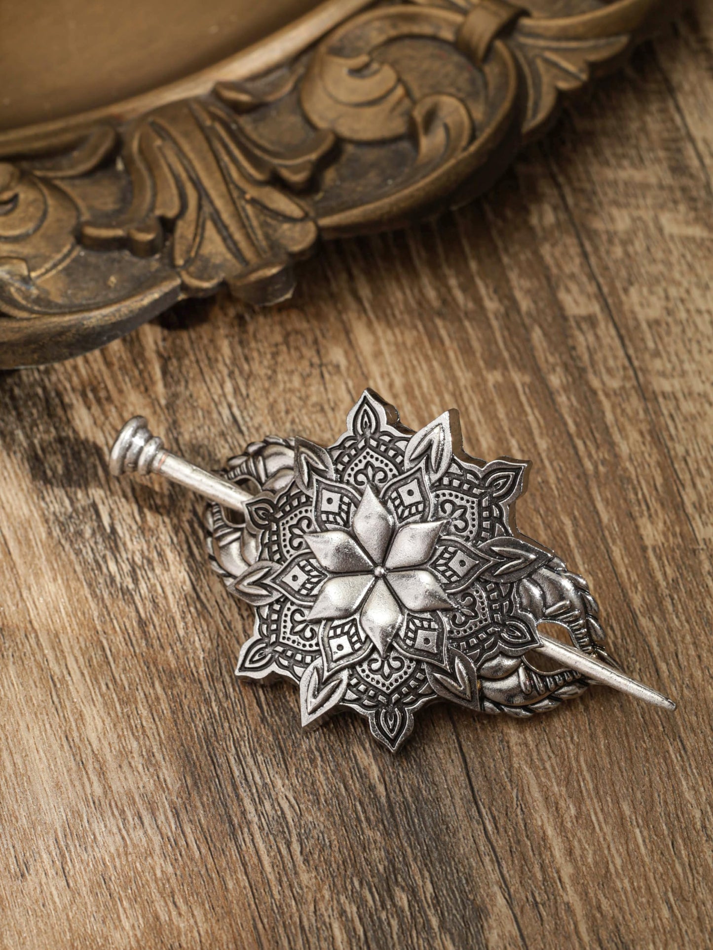 HAQUIL Mandala Flower Hairpin – Vintage Silver Hair Barrette for Women