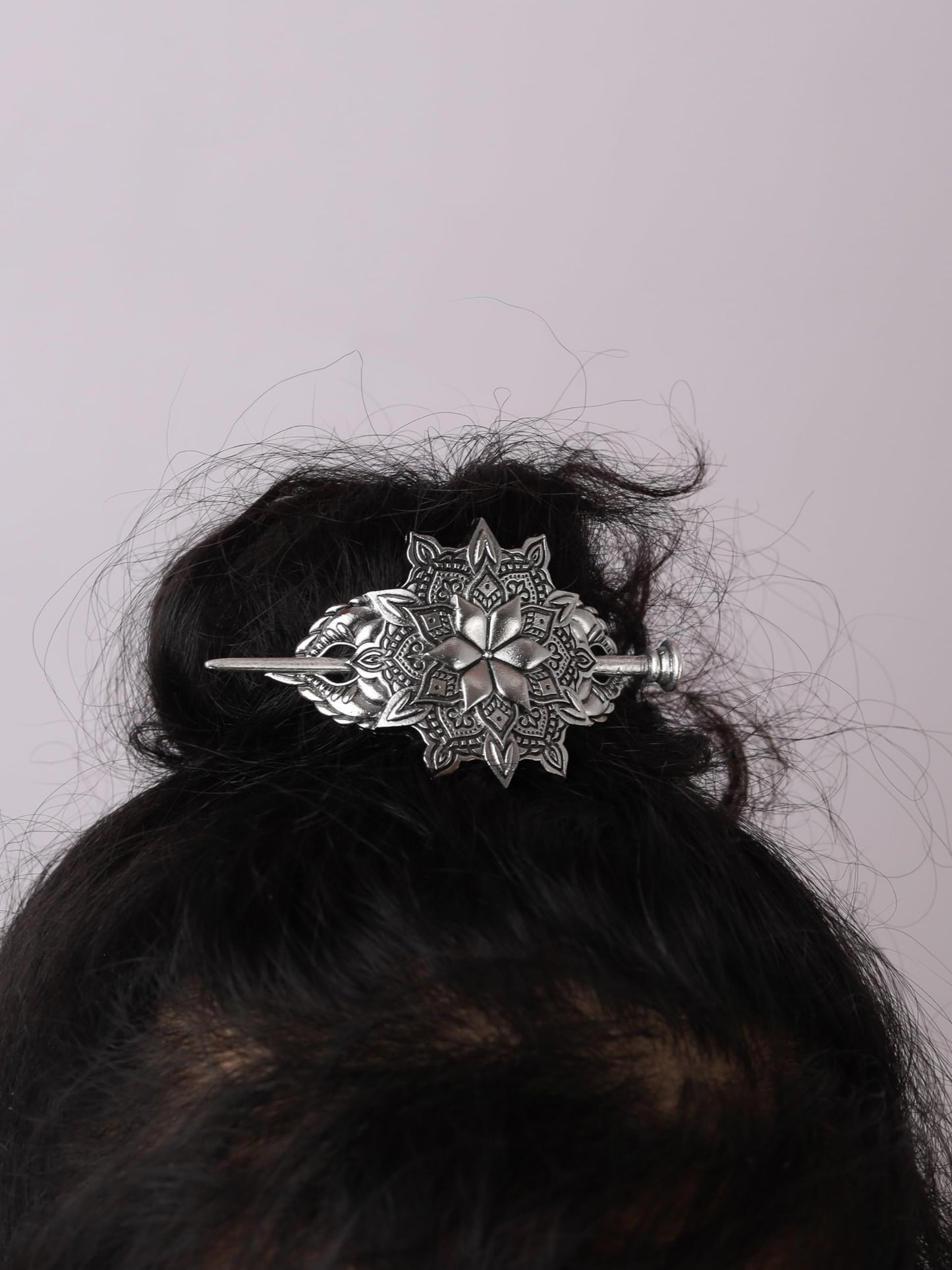 HAQUIL Mandala Flower Hairpin – Vintage Silver Hair Barrette for Women