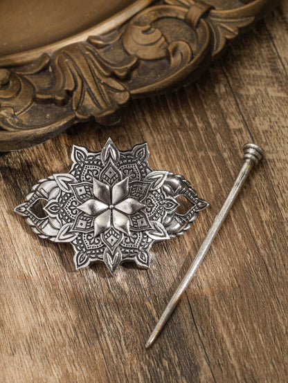 HAQUIL Mandala Flower Hairpin – Vintage Silver Hair Barrette for Women